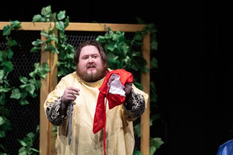 A man in a costume with a sword and red fabric on stage during a theatrical performance.