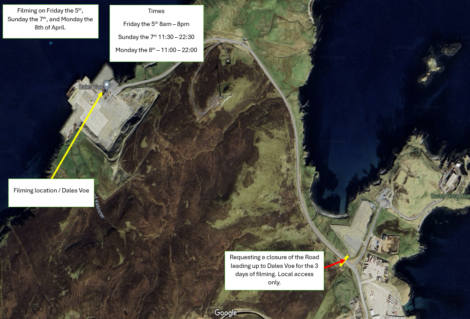 Satellite map highlighting a filming location at dales voe with road closure information for specific dates and times.
