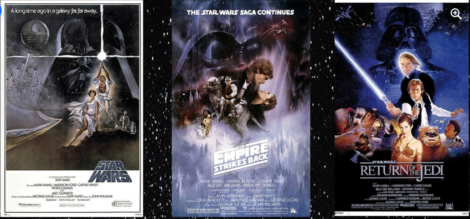 A triptych of original movie posters for the original star wars trilogy: "star wars," "the empire strikes back," and "return of the jedi.