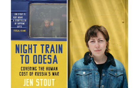 Book cover titled "Night Train to Odesa: Covering the Human Cost of Russia's War" by Jen Stout. It features a child waving from a train window and a photo of the author with a yellow background.
