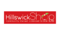 Logo of Hillswick Shop, a community-owned licensed grocer, with a red background, the text "Hillswick Shop" and an apple graphic integrated into the lettering.