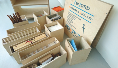 Wooden boxes and panels containing various tools and materials, with a large sign leaning against the wall that reads "(w)ord Norway & Scotland Ebb & Flow.”.