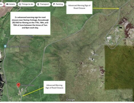 Aerial view of Vanlop Cottage area, showing two advanced warning signs for a road closure near Vanlop Cottage, scheduled for June 17th, 18th, and 19th from 7am to 8pm each day.