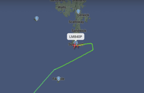 Map displaying an aircraft's flight path ending at Sumburgh in the Shetland Islands. The flight path veers towards Fair Isle before returning to Sumburgh.