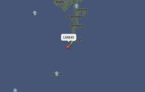 A map indicating the flight path of an aircraft with label 'LM840' near Lerwick and Fair Isle. The location of the aircraft is marked with a red 'X'.