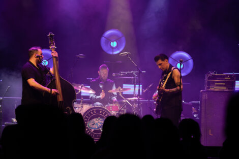 A band performs on stage under purple lighting. The bassist plays an upright bass, the drummer is in the background, and the guitarist plays on the right. Audience silhouettes are visible in the foreground.