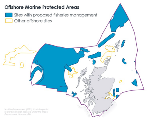 Map illustrating Offshore Marine Protected Areas around Scotland. Blue shapes mark sites with proposed fisheries management, and yellow shapes indicate other offshore sites.