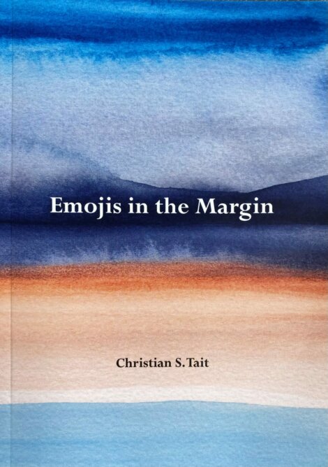 The cover of the book "Emojis in the Margin" by Christian S. Tait, featuring a gradient abstract watercolor background with blue and orange hues.