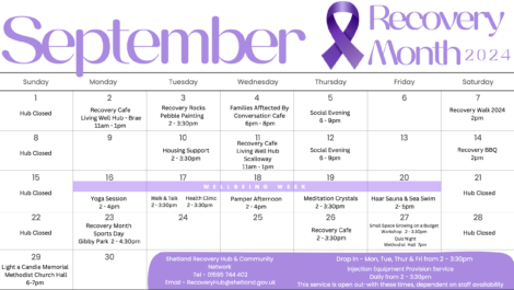 September calendar listing various events for Recovery Month 2024, including community cafes, recovery workshops, support meetups, and wellness activities, hosted by Shetland Recovery Hub & Community.
