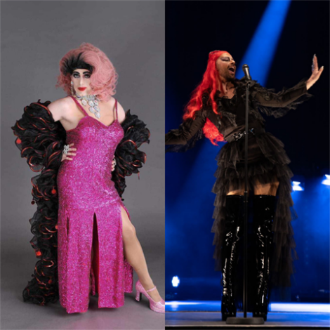 Two drag performers. Left: A person in a sparkly pink dress with black feathered accessories. Right: A person in a black outfit with red hair singing on stage, wearing high-heeled boots.