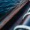 A close-up view of a fishing net draped over the side of a boat, with a body of water in the background.