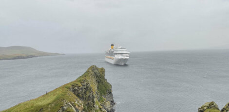Large cruise ship sails through a misty sea near a rocky coastline.