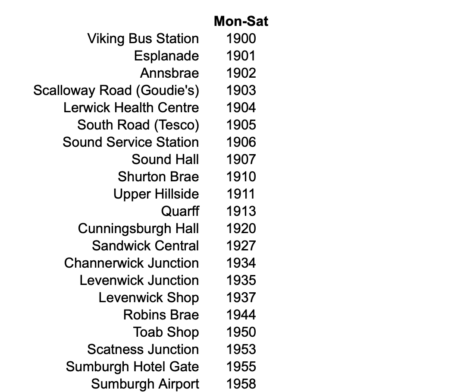 A timetable listing various bus stops and their corresponding service years, ranging from 1900 to 1958, for days Monday through Saturday.