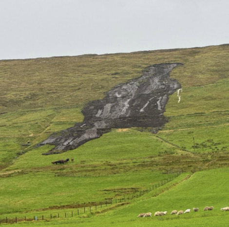 A hillside shows signs of a recent landslide with dark soil exposed. Grazing sheep are visible in the foreground, and several cows stand near the landslide area.