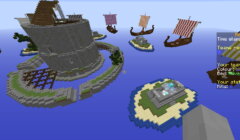 A Minecraft game scene with floating islands, a central stone tower, Viking ships, and game statistics on the right side.