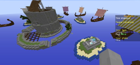 A Minecraft game scene with floating islands, a central stone tower, Viking ships, and game statistics on the right side.