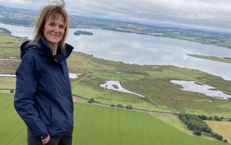A person stands on a hill overlooking a large lake and green fields under a cloudy sky.