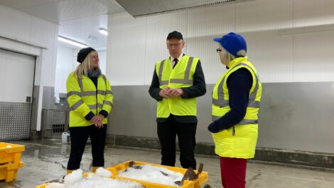 Three people in high-visibility vests and hard hats stand in a chilled warehouse, discussing near bins of ice.