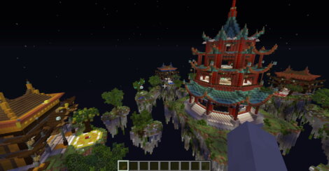 A floating pagoda structure in a nighttime, starry Minecraft world, surrounded by trees and smaller buildings on floating islands.