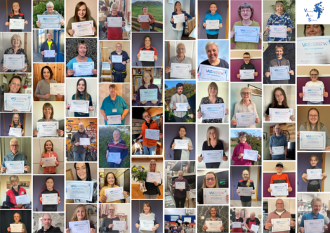 A collage of people holding certificates from Vasculitis Awareness Scotland, with smiling faces and diverse backgrounds.