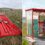 Left: Pile of red metal poles beside a rural road. Right: Decorated red bus stop with floral patterns, chairs, and curtains.