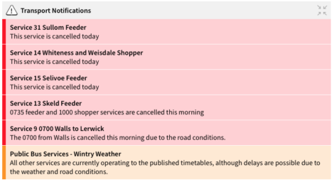 Bus cancellation notice for services 31, 14, 15, 13, and 9 due to road conditions and weather. Other services operating on schedule with possible delays.