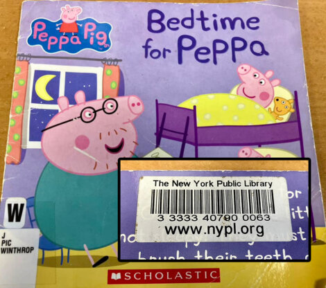 A children's book titled "Bedtime for Peppa" featuring Peppa Pig characters. A New York Public Library barcode label is attached to the cover.