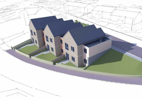 3D rendering of three modern, two-story houses with pitched roofs, set on a triangular plot with surrounding pathways and minimal landscaping.