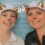 Two people wearing white caps with a deer filter, including antlers and ears, on their heads. They are smiling in front of a blue background.