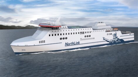 A large ferry named NorthLink sails on the water with mountains in the background.