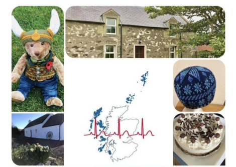 Collage featuring a teddy bear, stone cottage, hat, cake, and a house with a Scottish map and ECG line in the center.