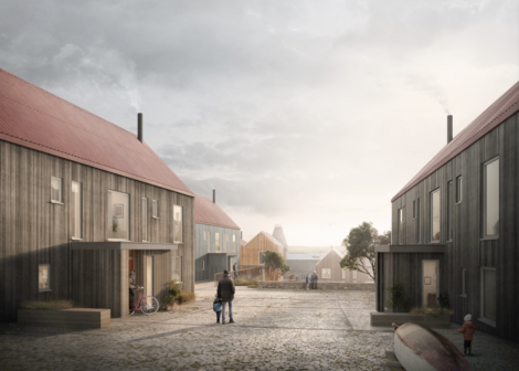 A small village square with wooden houses, red roofs, and a cobblestone path. Two people walk in the center. A bicycle leans against a house. Overcast sky above.
