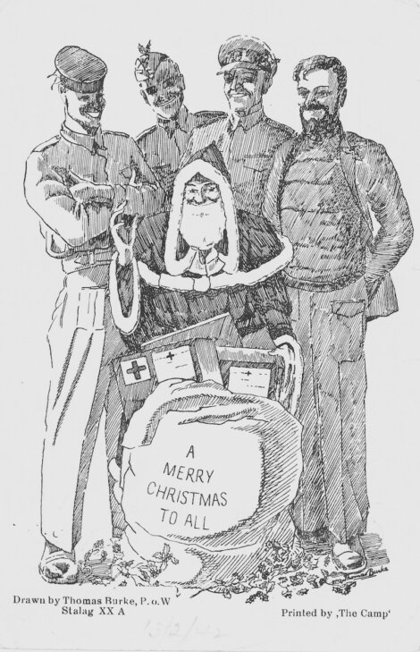 A drawing of three men and Santa Claus, with a large rock inscribed "A Merry Christmas to All." One man is uniformed, and packages labeled "Red Cross" are on the ground.