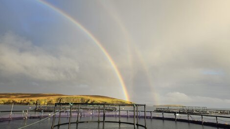 Double rainbow over a fish farm with circular enclosures on a calm body of water, beneath a cloudy sky.