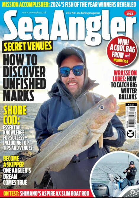 Person holding a large fish on the cover of Sea Angler magazine, featuring headlines about fishing tips, secret venues, and competitions.