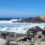 Rocky coastline with waves crashing against the rocks under a clear blue sky; a single bird flies above the scene.