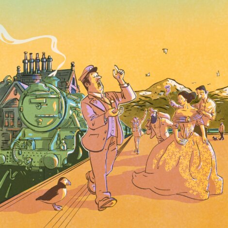 Victorian-era people at a train station, with a steam locomotive, mountains in the background, and a puffin on the ground.