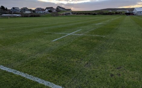 A grassy sports field with white boundary lines, set against a backdrop of houses and a cloudy sky.