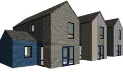 3D rendering of three modern, narrow two-story houses with gabled roofs and varying exterior colors, including blue, gray, and beige.