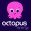 A pink cartoon octopus with large eyes and a smile is above the words "octopus energy" in white lowercase letters on a dark blue background.