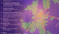 Map showing Shetland Energy Projects, including substations, wind farms, and transmission routes, with numbered labels and lines indicating locations and connections across Shetland.