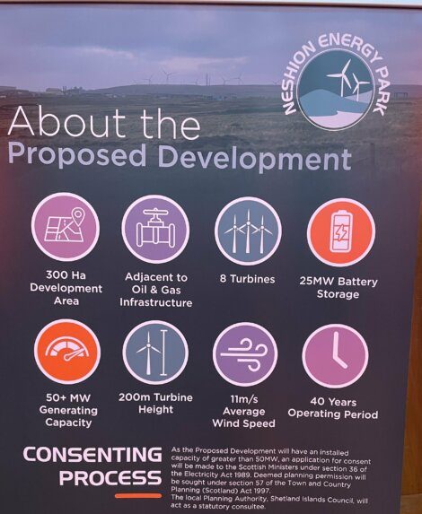 Informational poster about Neshion Energy Park details 300 ha area, 8 turbines, 25MW battery, over 50MW capacity, 200m turbines, 11m/s wind speed, 40-year operation, and consenting process.