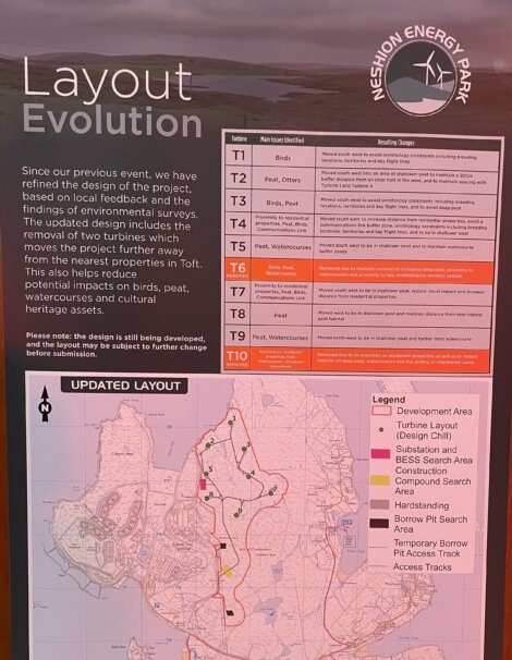 An informational display about Neshion Energy Park shows layout changes, resulting impacts on wildlife, and a map indicating turbine locations and site features.