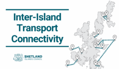 Text reads "Inter-Island Transport Connectivity" beside a map of Shetland Islands marked with location pins and route lines. Logo of Shetland Islands Council is at the bottom left.