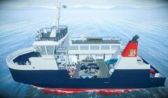 A small ferry boat carrying several cars and a bicycle on its lower deck, traveling on calm water with distant mountains in the background.