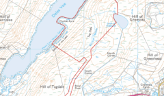 Topographic map showing the Dales Voe area with contour lines, water bodies, and labeled locations. A red outlined path or boundary crosses hills, fields, and water features.