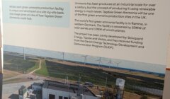 Statkraft display board showing plans for a green ammonia facility, with a photo of an industrial site and explanatory text about the Tagdale Green Ammonia project.