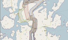 Map showing three potential routes for a project, labeled as Route Option 1 (green), Route Option 2 (red), and Route Option 3 (blue) in a region of the Shetland Islands.
