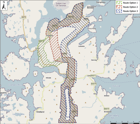 Map showing three potential routes for a project, labeled as Route Option 1 (green), Route Option 2 (red), and Route Option 3 (blue) in a region of the Shetland Islands.