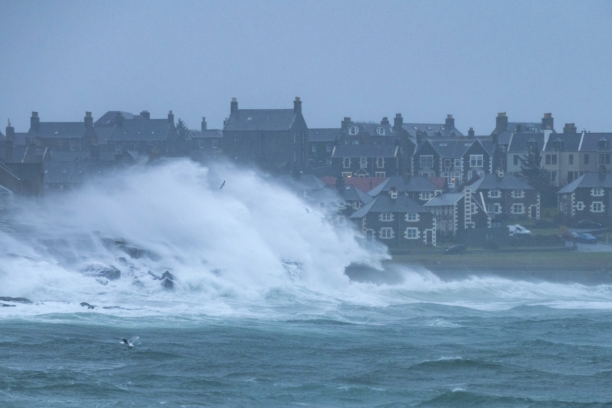 Stormy seas wash over Lerwick amid gale-force winds